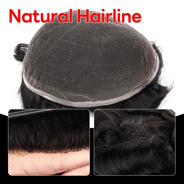 Mens Toupee Human Hair Piece Wigs Replacement System Full Swiss Lace Bleached Knot