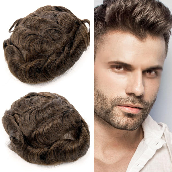 Menn toupee hårsystem Ultra tynn hudhårstykke europeisk menneskehår erstatning 0,02-0,10 mm v-loop toupee for menn. (2# Darkest Brown, 8x10-0.06mm-0.08mm V-loop)