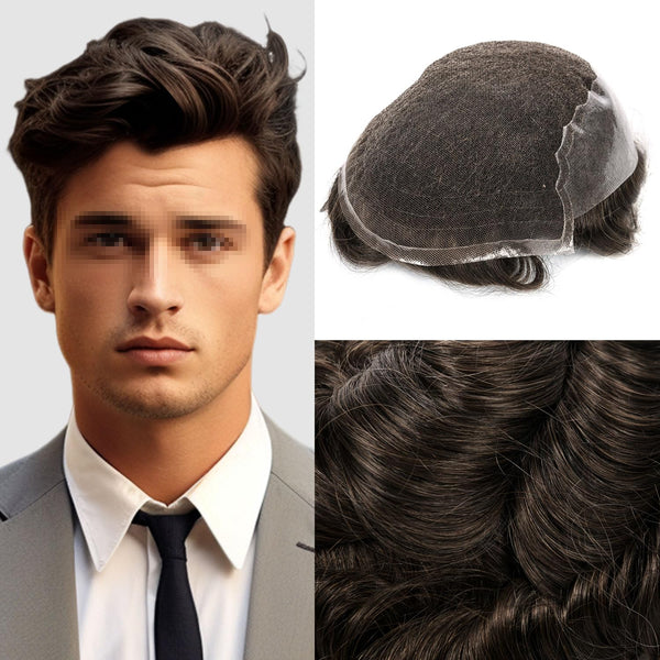 Swiss Lace Toupee for Men Hairpiece European Humanhair Replacement System Lace Front Men Toupee BleachedKnot Hairpiece. (320# Dark Brown with 20% Grey, 6x8"-100% Light Med-Light Density)