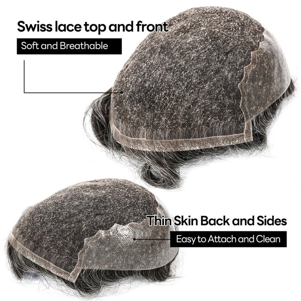 Swiss Lace Toupee for Men Hairpiece European Humanhair Replacement System Lace Front Men Toupee BleachedKnot Hairpiece. (320# Dark Brown with 20% Grey, 6x8"-100% Light Med-Light Density)