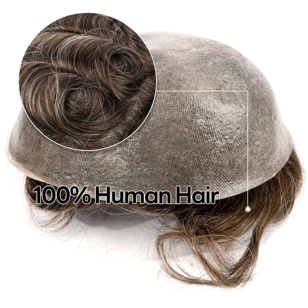 Menn toupee hårsystem menneskehår erstatning for menn 0,04 mm ultra tynn hud toupee for menn v-looped hårstykke (220# mørkest brun med 20% grå, 8x10 "-100% lys med-lys tetthet)