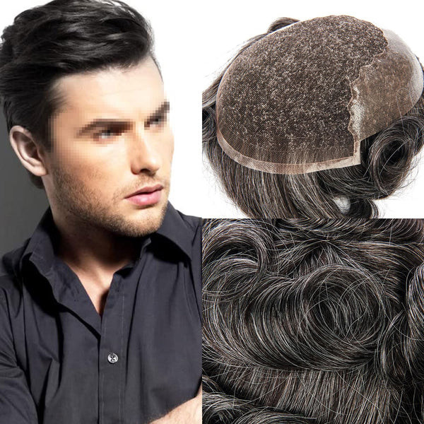 Swiss Lace Toupee for Men Hairpiece European Humanhair Replacement System Lace Front Men Toupee BleachedKnot Hairpiece. (320# Dark Brown with 20% Grey, 6x8"-100% Light Med-Light Density)