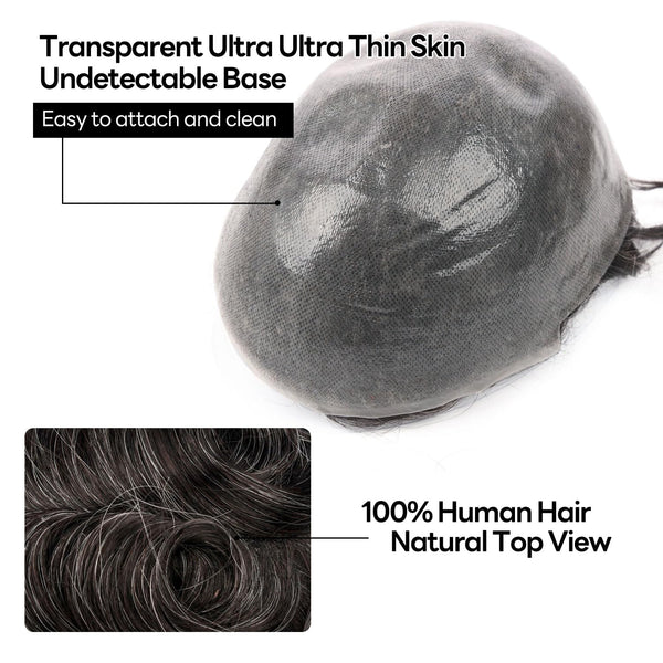 Menn toupee hårsystem menneskehår erstatning for menn 0,04 mm ultra tynn hud toupee for menn v-looped hårstykke (220# mørkest brun med 20% grå, 8x10 "-100% lys med-lys tetthet)