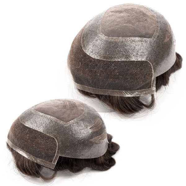 Toupee for menn hårsystem fransk blonder foran menn toupee europeisk menneskehår stykke fint mono hår erstatningssystem (320# mørkebrun med 20% syntetisk grå, 8x10 "-120% middels lys til middels tetthet)