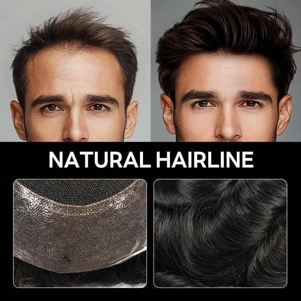 Blavzehair Mens Toupee Swiss Lace Hairpieces European HumarHair Replacement System Natural Hairline Toupee for Men Lacenter with Pu Men Hair System. (1B# OFF BLACK, 6"X9).