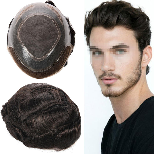 Generisk toupee for menn hårsystem fransk blonder front herre toupee europeisk menneskehår stykke fint mono hår erstatningssystem (1b# av svart, 8x10 ""-120% middels lys til middels tetthet)