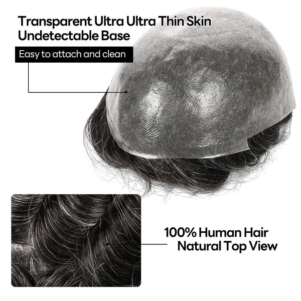 Menn toupee hårsystem menneskehår erstatning for menn 0,04 mm ultra tynn hud toupee for menn v-looped hårstykke (220# mørkest brun med 20% grå, 8x10 "-100% lys med-lys tetthet)