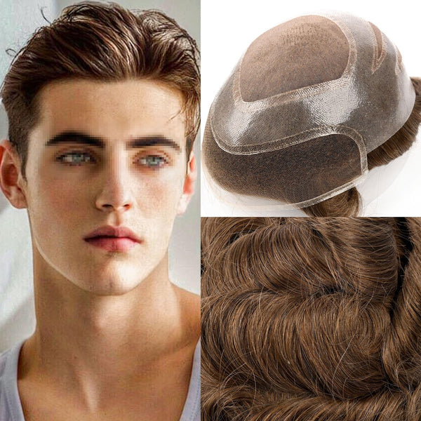 Generisk toupee for menn hårsystem fransk blonder front herre toupee europeisk menneskehår stykke fint mono hår erstatningssystem (1b# av svart, 8x10 ""-120% middels lys til middels tetthet)