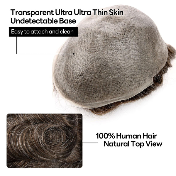 Menn toupee hårsystem menneskehår erstatning for menn 0,04 mm ultra tynn hud toupee for menn v-looped hårstykke (220# mørkest brun med 20% grå, 8x10 "-100% lys med-lys tetthet)