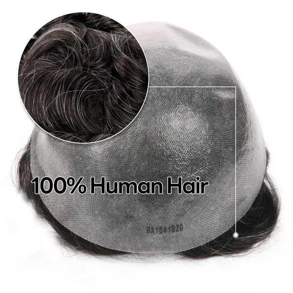 Menn toupee hårsystem menneskehår erstatning for menn 0,04 mm ultra tynn hud toupee for menn v-looped hårstykke (220# mørkest brun med 20% grå, 8x10 "-100% lys med-lys tetthet)