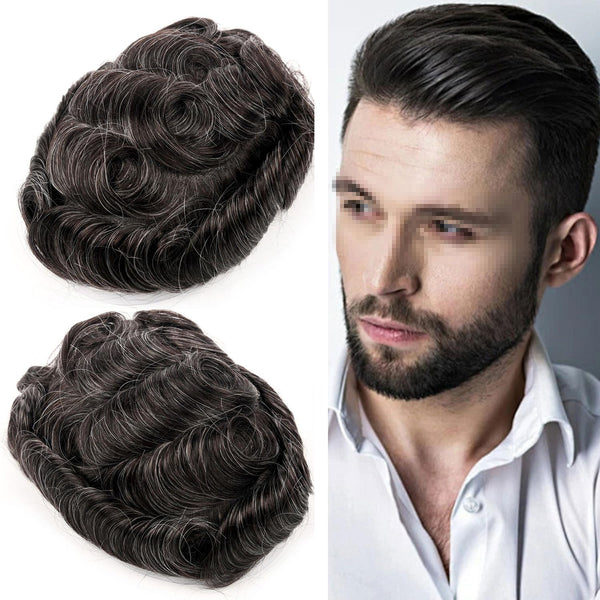 Menn toupee hårsystem Ultra tynn hudhårstykke europeisk menneskehår erstatning 0,02-0,10 mm v-loop toupee for menn. (2# Darkest Brown, 8x10-0.06mm-0.08mm V-loop)