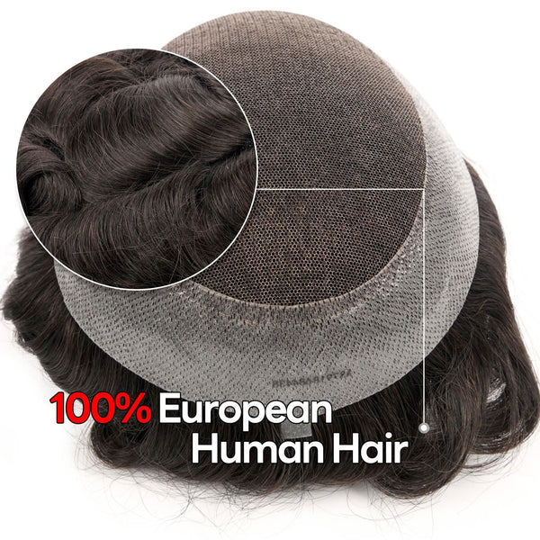 Blavzehair Mens Toupee Swiss Lace Hairpieces European HumarHair Replacement System Natural Hairline Toupee for Men Lacenter with Pu Men Hair System. (1B# OFF BLACK, 6"X9).