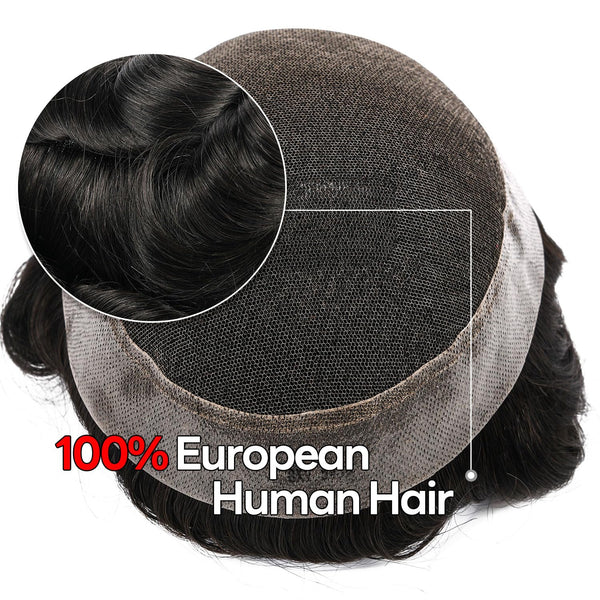 Blavzehair Mens Toupee Swiss Lace Hairpieces European HumarHair Replacement System Natural Hairline Toupee for Men Lacenter with Pu Men Hair System. (1B# OFF BLACK, 6"X9).
