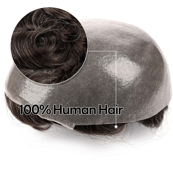 Menn toupee hårsystem menneskehår erstatning for menn 0,04 mm ultra tynn hud toupee for menn v-looped hårstykke (220# mørkest brun med 20% grå, 8x10 "-100% lys med-lys tetthet)
