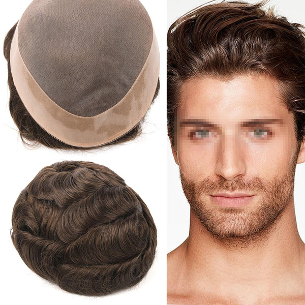 Generic Hair System For Men Toupee Fine Mono Hair Piece European Human Hair Replacement NPU Skin Around Toupee For Men (5# Medium Light Brown, 8x10""-120% Medium Light to Medium Density)
