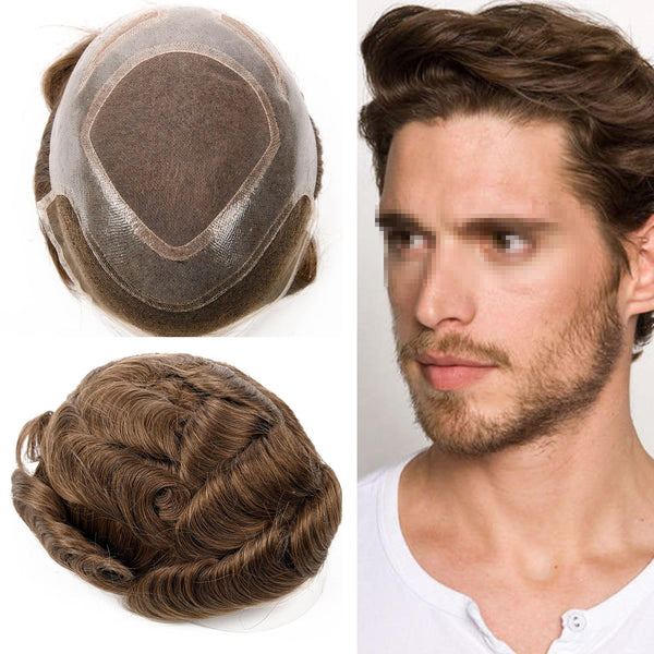 Generisk toupee for menn hårsystem fransk blonder front herre toupee europeisk menneskehår stykke fint mono hår erstatningssystem (1b# av svart, 8x10 ""-120% middels lys til middels tetthet)