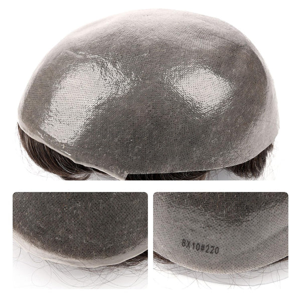 Menn toupee hårsystem menneskehår erstatning for menn 0,04 mm ultra tynn hud toupee for menn v-looped hårstykke (220# mørkest brun med 20% grå, 8x10 "-100% lys med-lys tetthet)