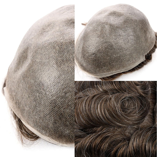 Menn toupee hårsystem menneskehår erstatning for menn 0,04 mm ultra tynn hud toupee for menn v-looped hårstykke (220# mørkest brun med 20% grå, 8x10 "-100% lys med-lys tetthet)