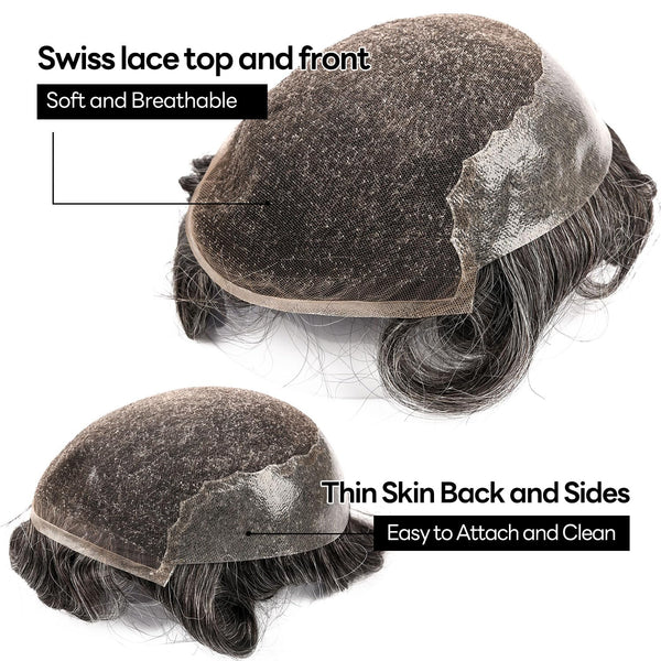 Swiss Lace Toupee for Men Hairpiece European Humanhair Replacement System Lace Front Men Toupee BleachedKnot Hairpiece. (320# Dark Brown with 20% Grey, 6x8"-100% Light Med-Light Density)
