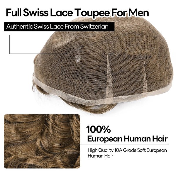 Human Hair Men's Hair Replacement System Full Swiss Lace Front Undetectable Breathable Men's Toupee (5# Medium Light Brown, 8x10-100% Light Med-Light Density)