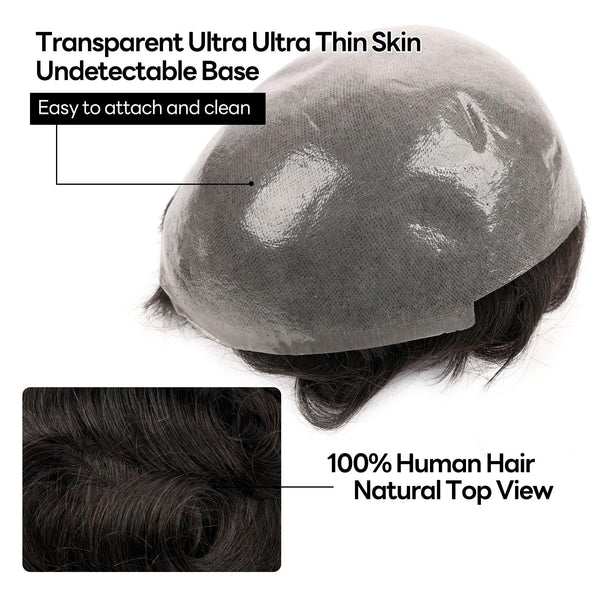 Menn toupee hårsystem menneskehår erstatning for menn 0,04 mm ultra tynn hud toupee for menn v-looped hårstykke (220# mørkest brun med 20% grå, 8x10 "-100% lys med-lys tetthet)