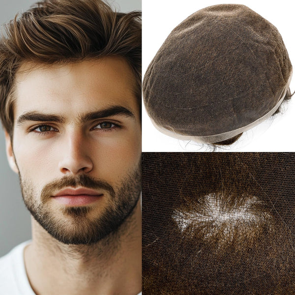 Human Hair Men's Hair Replacement System Full Swiss Lace Front Undetectable Breathable Men's Toupee (5# Medium Light Brown, 8x10-100% Light Med-Light Density)