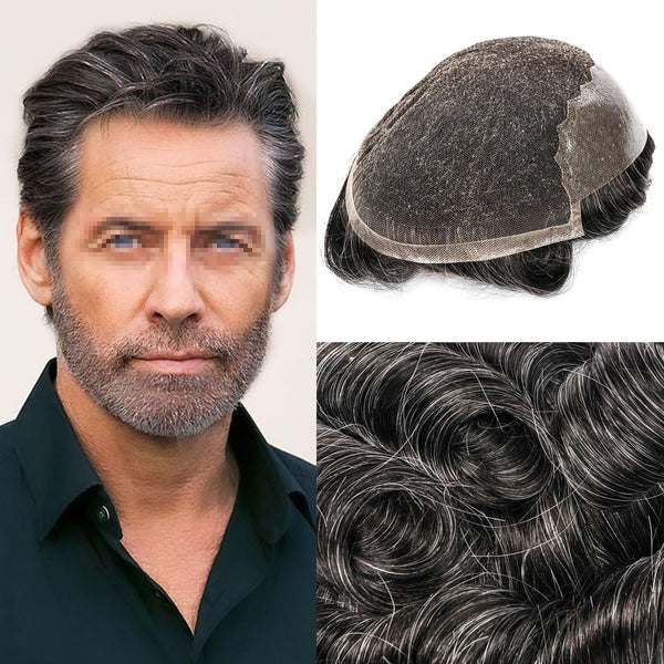 Swiss Lace Toupee for Men Hairpiece European Humanhair Replacement System Lace Front Men Toupee BleachedKnot Hairpiece. (320# Dark Brown with 20% Grey, 6x8"-100% Light Med-Light Density)