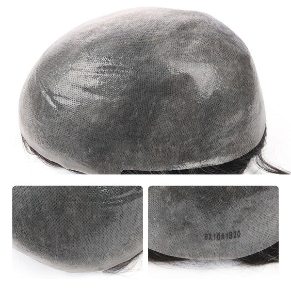 Menn toupee hårsystem menneskehår erstatning for menn 0,04 mm ultra tynn hud toupee for menn v-looped hårstykke (220# mørkest brun med 20% grå, 8x10 "-100% lys med-lys tetthet)