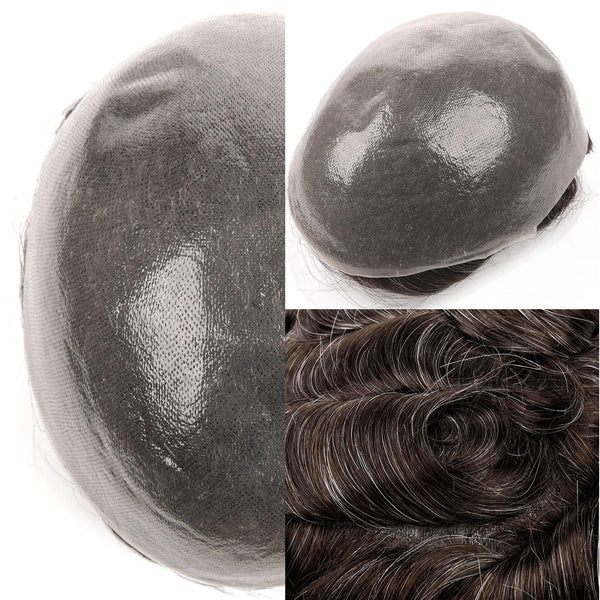 Menn toupee hårsystem menneskehår erstatning for menn 0,04 mm ultra tynn hud toupee for menn v-looped hårstykke (220# mørkest brun med 20% grå, 8x10 "-100% lys med-lys tetthet)