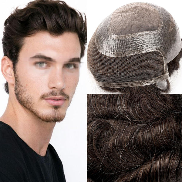 Toupee for menn hårsystem fransk blonder foran menn toupee europeisk menneskehår stykke fint mono hår erstatningssystem (320# mørkebrun med 20% syntetisk grå, 8x10 "-120% middels lys til middels tetthet)