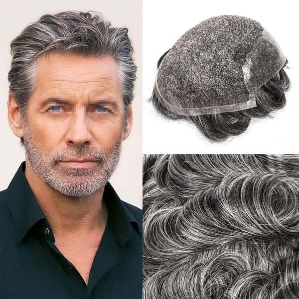 Swiss Lace Toupee for Men Hairpiece European Humanhair Replacement System Lace Front Men Toupee BleachedKnot Hairpiece. (320# Dark Brown with 20% Grey, 6x8"-100% Light Med-Light Density)