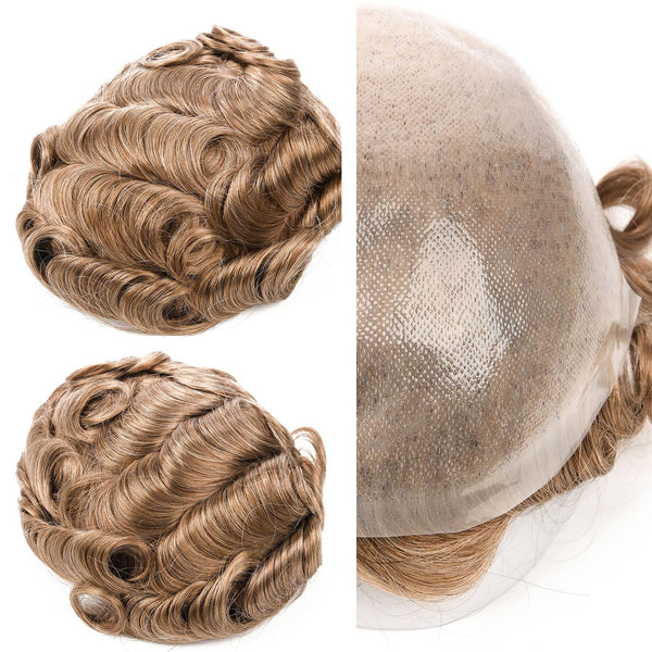 Menn toupee hårsystem Ultra tynn hudhårstykke europeisk menneskehår erstatning 0,02-0,10 mm v-loop toupee for menn. (2# Darkest Brown, 8x10-0.06mm-0.08mm V-loop)