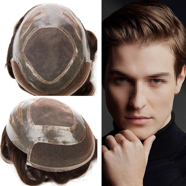 Generisk toupee for menn hårsystem fransk blonder front herre toupee europeisk menneskehår stykke fint mono hår erstatningssystem (1b# av svart, 8x10 ""-120% middels lys til middels tetthet)