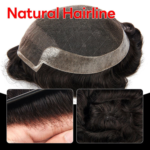 Toupee For Men Hair Replacement Systems Men Hair Systems French Lace Mens Toupee Human Hair Piece Bleached Knots Short Wavy (1B# Off Black,6X9-100% Medium light to medium density)