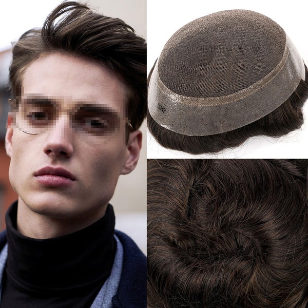Generic French Lace Mens Toupee Poly Pu Around Toupee for Men Hair Piece European Human Hair Replacement System (17# Dark Ash Blonde, 7x9""-120% Medium Light to Medium Density)