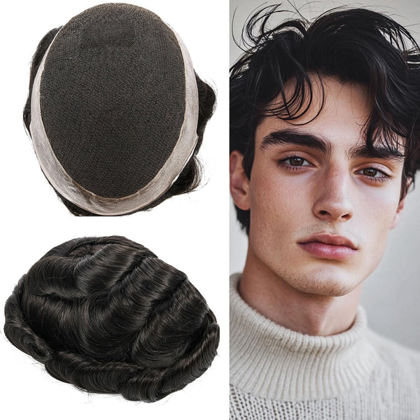 Blavzehair Mens Toupee Swiss Lace Hairpieces European HumarHair Replacement System Natural Hairline Toupee for Men Lacenter with Pu Men Hair System. (1B# OFF BLACK, 6"X9).