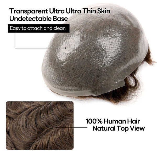 Menn toupee hårsystem Ultra tynn hudhårstykke europeisk menneskehår erstatning 0,02-0,10 mm v-loop toupee for menn. (2# Darkest Brown, 8x10-0.06mm-0.08mm V-loop)