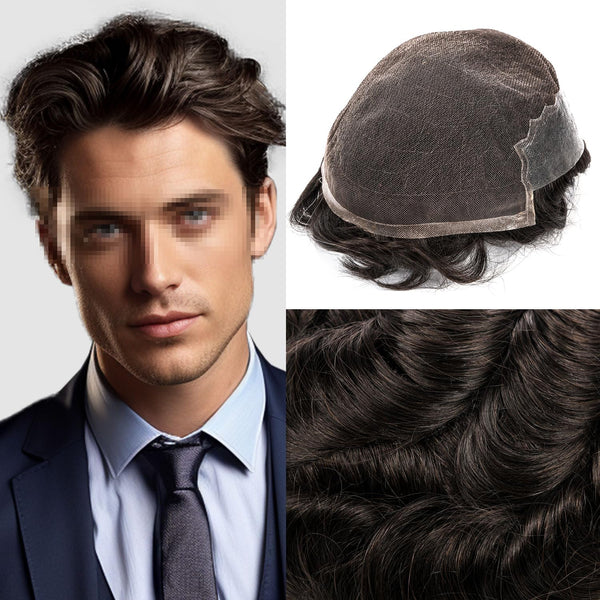 Swiss Lace Toupee for Men Hairpiece European Humanhair Replacement System Lace Front Men Toupee BleachedKnot Hairpiece. (320# Dark Brown with 20% Grey, 6x8"-100% Light Med-Light Density)