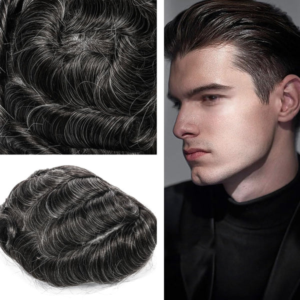 Menn toupee hårsystem Ultra tynn hudhårstykke europeisk menneskehår erstatning 0,02-0,10 mm v-loop toupee for menn. (2# Darkest Brown, 8x10-0.06mm-0.08mm V-loop)
