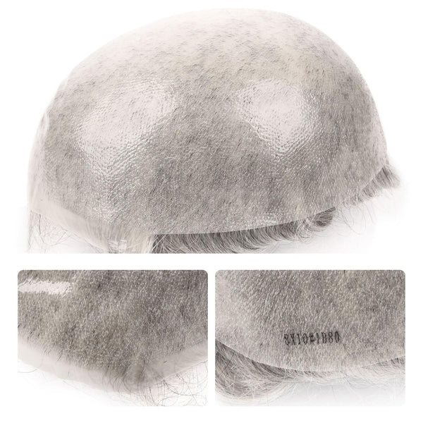 Menn toupee hårsystem menneskehår erstatning for menn 0,04 mm ultra tynn hud toupee for menn v-looped hårstykke (220# mørkest brun med 20% grå, 8x10 "-100% lys med-lys tetthet)
