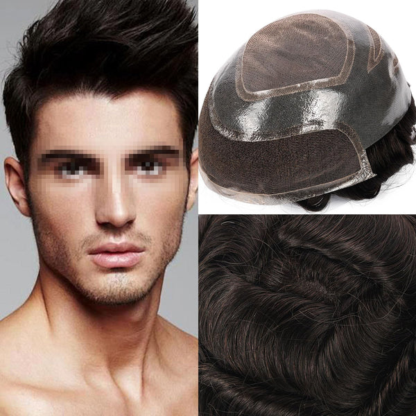Generisk toupee for menn hårsystem fransk blonder front herre toupee europeisk menneskehår stykke fint mono hår erstatningssystem (1b# av svart, 8x10 ""-120% middels lys til middels tetthet)