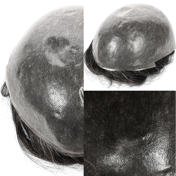 Menn toupee hårsystem menneskehår erstatning for menn 0,04 mm ultra tynn hud toupee for menn v-looped hårstykke (220# mørkest brun med 20% grå, 8x10 "-100% lys med-lys tetthet)