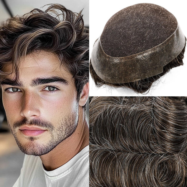 Generic French Lace Mens Toupee Poly Pu Around Toupee for Men Hair Piece European Human Hair Replacement System (17# Dark Ash Blonde, 7x9""-120% Medium Light to Medium Density)
