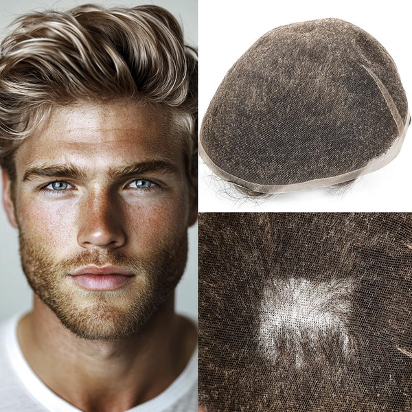Human Hair Men's Hair Replacement System Full Swiss Lace Front Undetectable Breathable Men's Toupee (5# Medium Light Brown, 8x10-100% Light Med-Light Density)